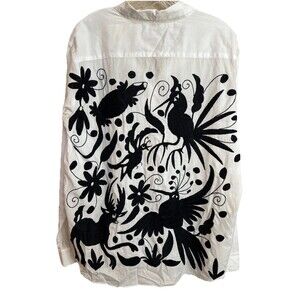 Kohinoor Fashion White Button Down Otomi Wearable Art Black Embroidered Sz M